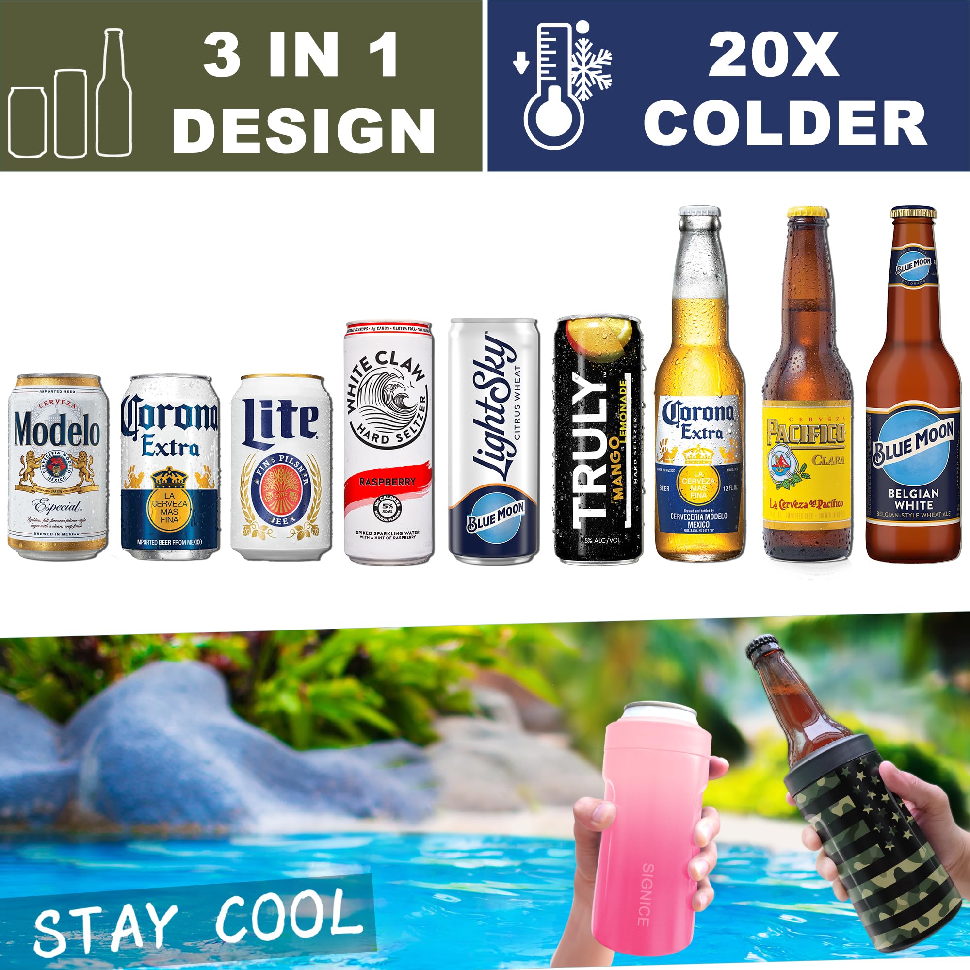 Signice 3-in-1 insulated 12oz standard can holder shows versatile design.