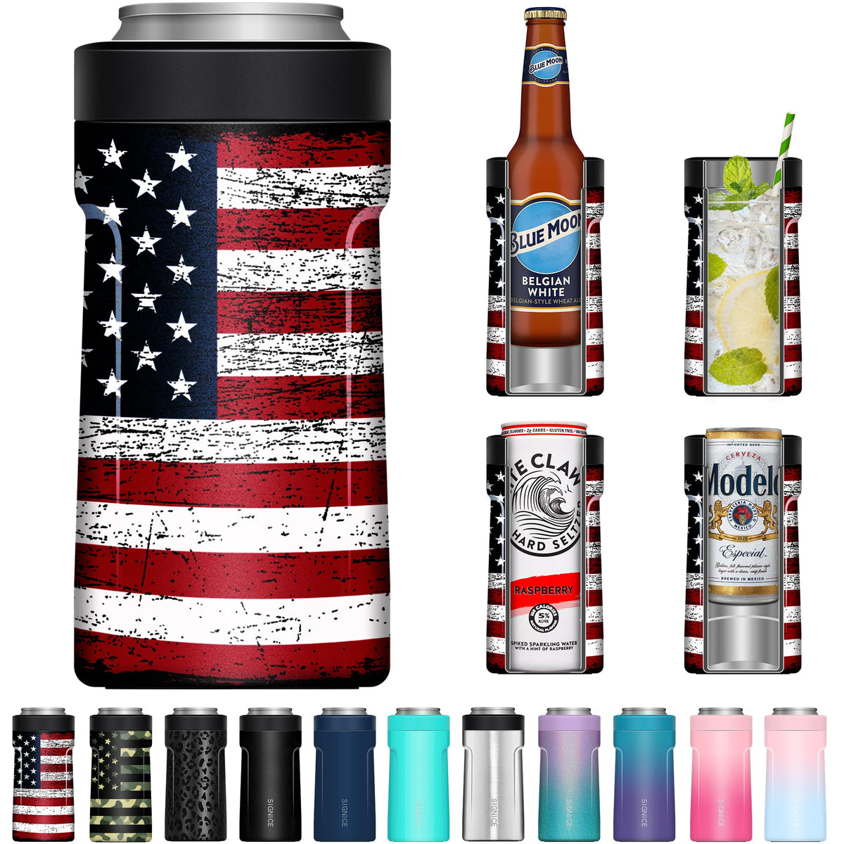 Signice 3-in-1 insulated cooler close-up on a slim can, keeps drinks colder longer