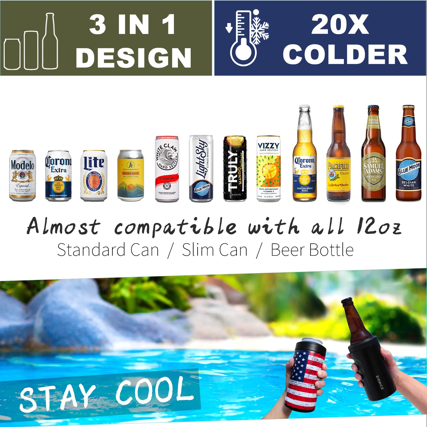 Signice 3-in-1 cooler in hand, versatility shown with a slim can