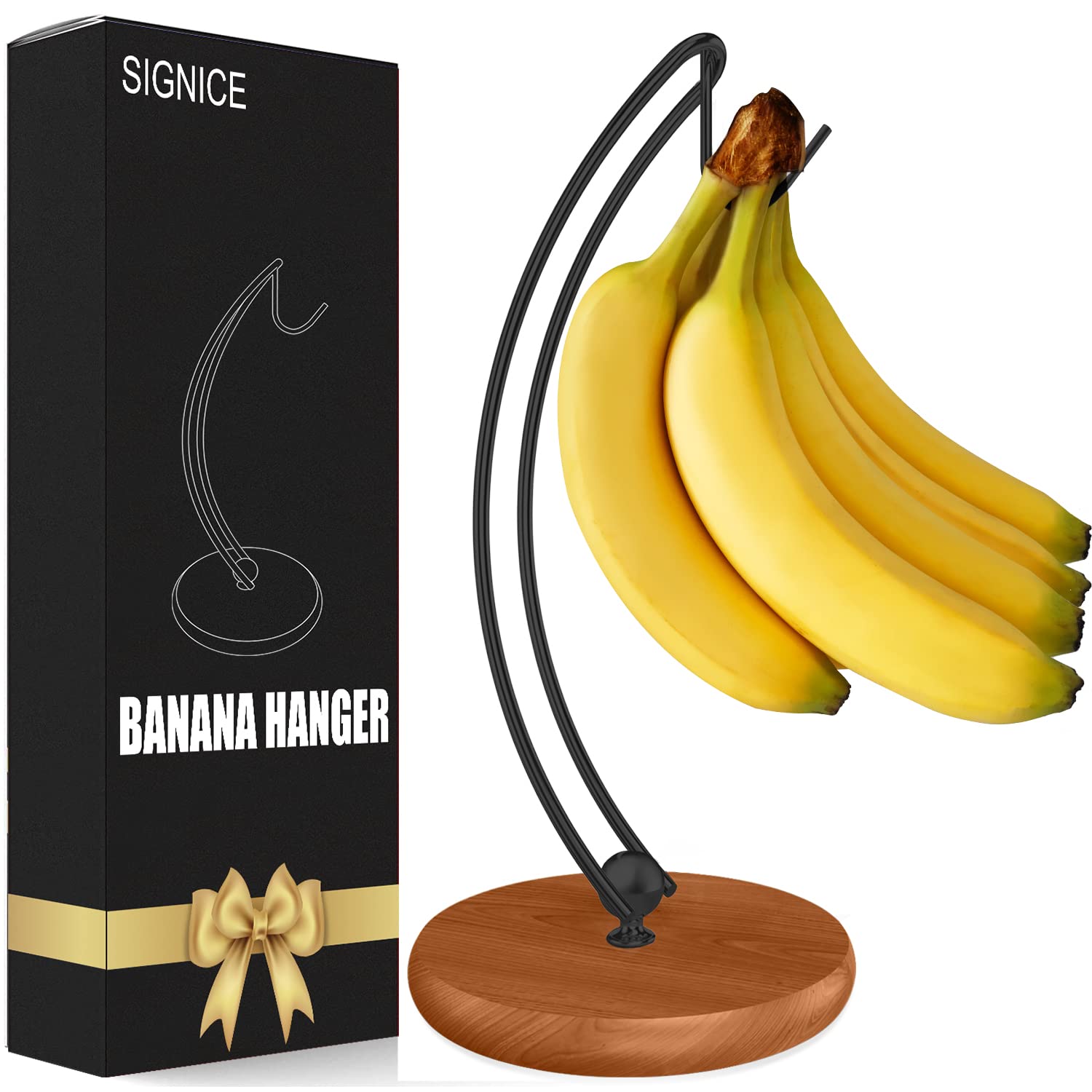 Signice banana holder stand with tree hanger and wood base for lasting freshness.