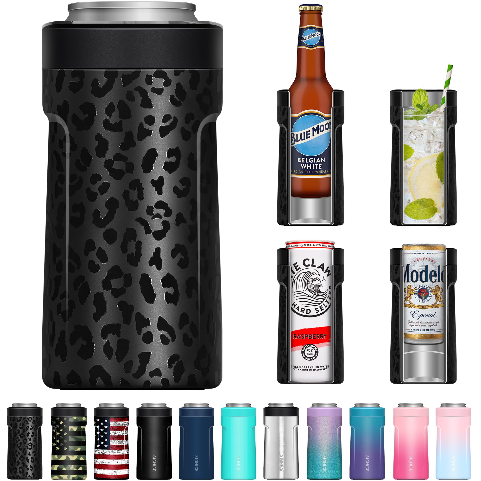 Signice universal can cooler overview showing 3-in-1 versatility for cans and bottles, stays cool