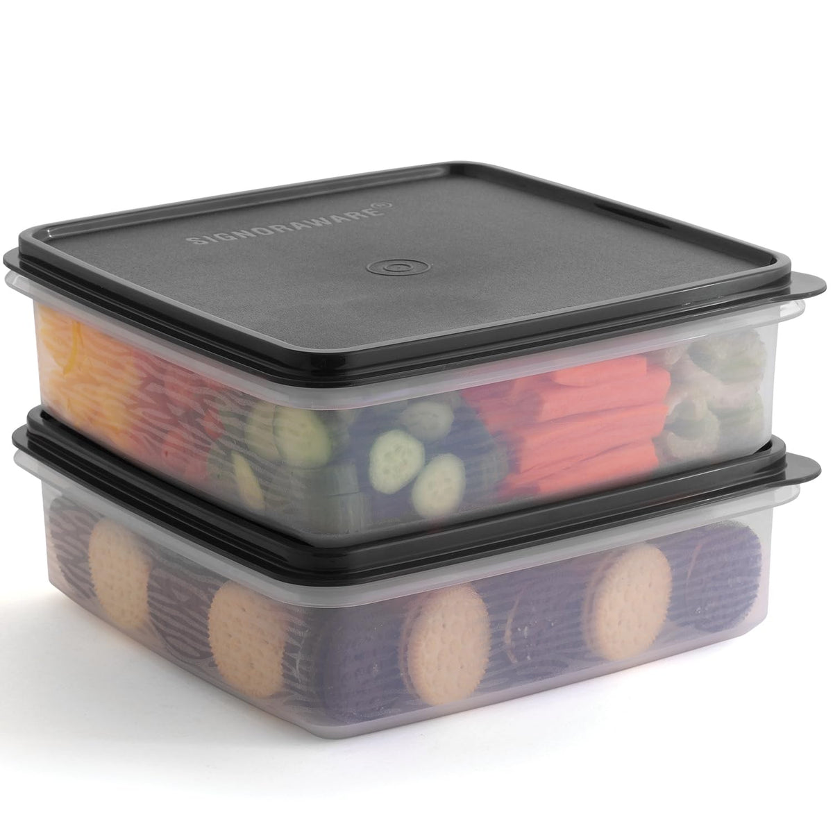 Signora Ware 2-pack 3L containers showcase clear bodies for easy visibility and organized food storage.
