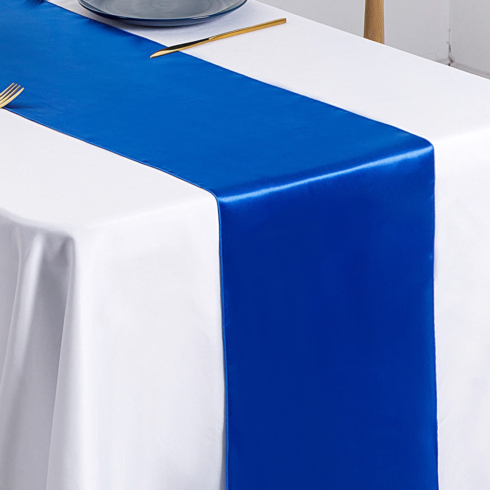 SiinvdaBZX 12-piece royal blue satin table runner set on rectangular table for 8-10 guests