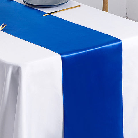 SiinvdaBZX 12-piece royal blue satin table runner set on rectangular table for 8-10 guests