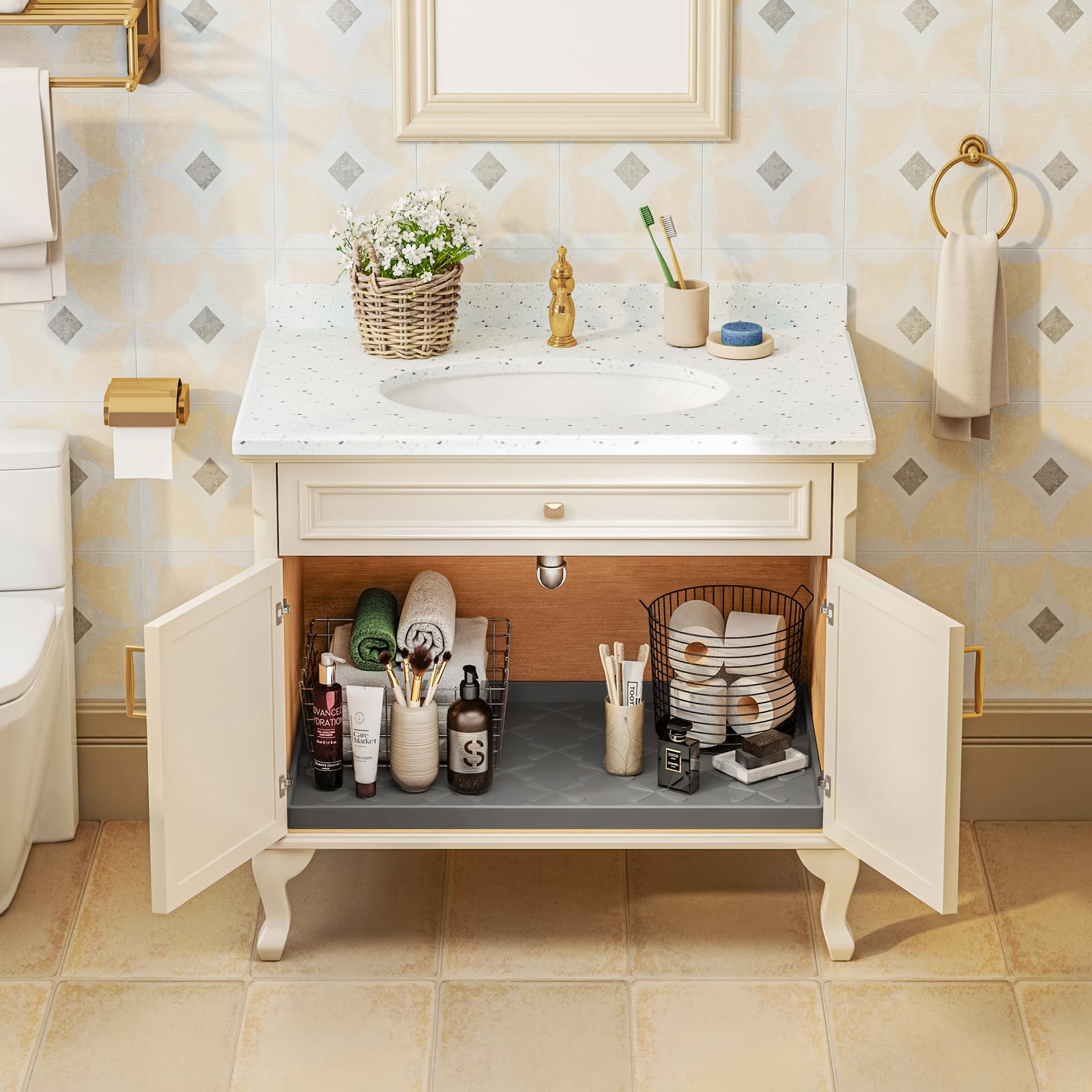 Versatile mat usable as fridge liner, countertop mat, or drawer liner.