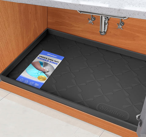 SIKADEER under-sink mat with raised edge protects cabinets from leaks.