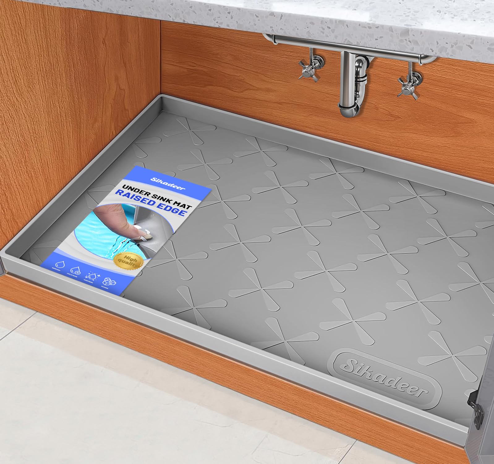 SIKADEER under-sink mat with raised edge protects cabinets from leaks