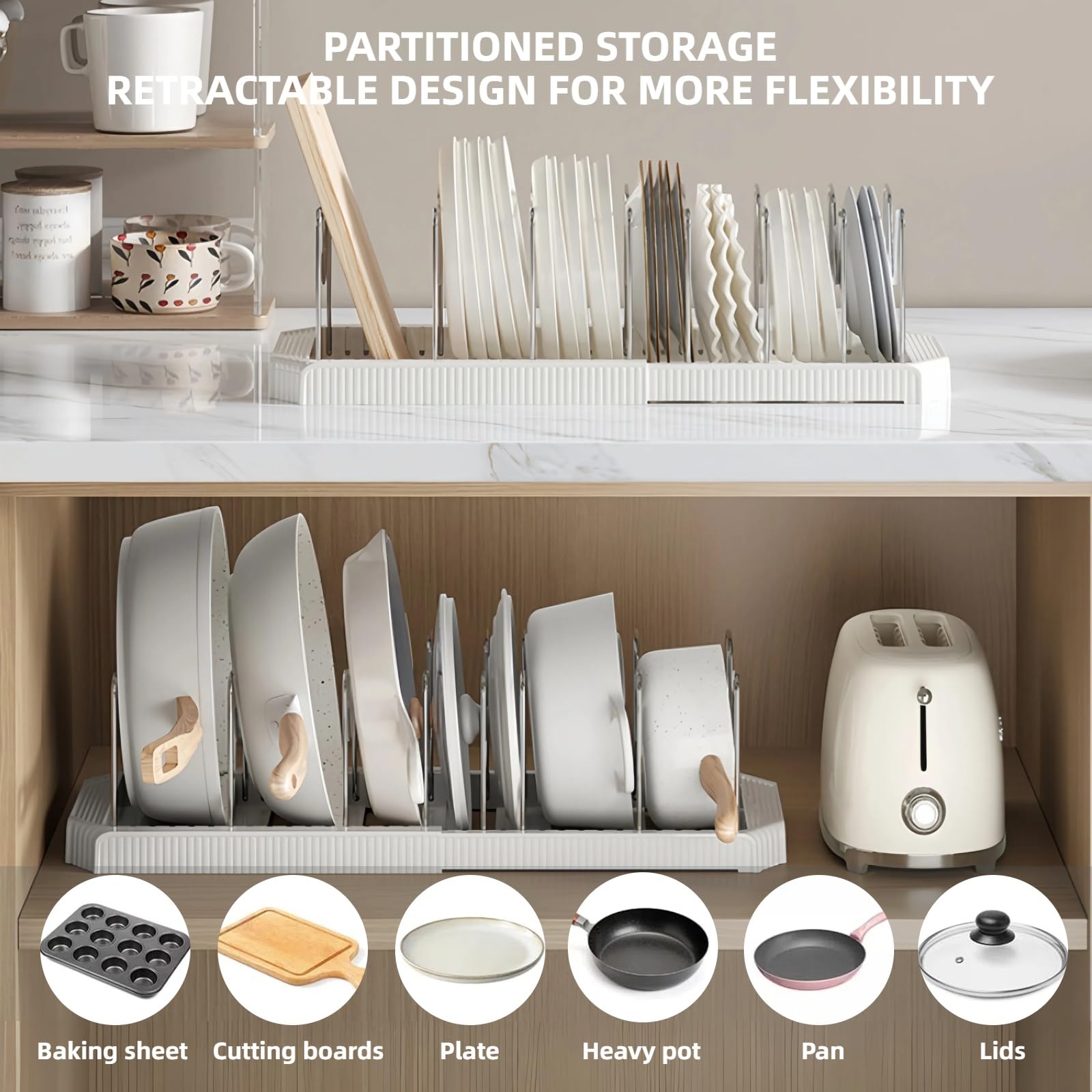 Silanit organizer showing seven dividers for pots, pans, and lids.