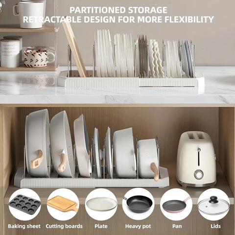 Silanit organizer showing seven dividers for pots, pans, and lids.