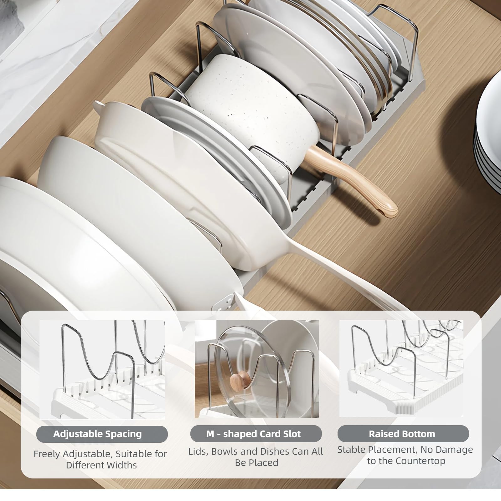 Silanit cabinet organizer maximizes vertical space for cookware.