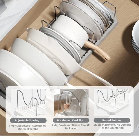 Silanit cabinet organizer maximizes vertical space for cookware.