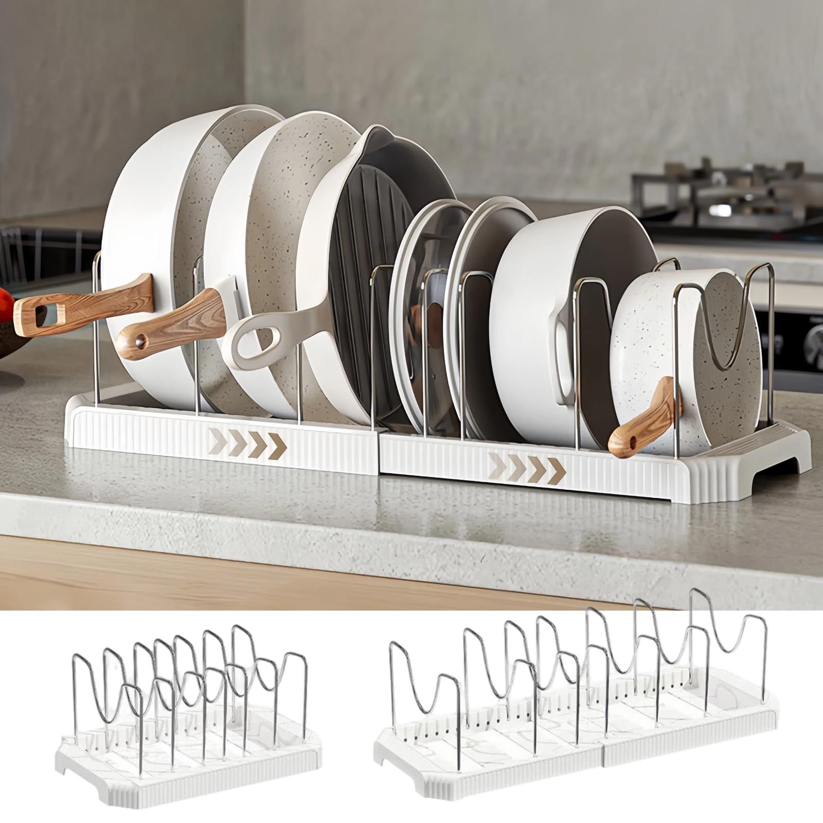 Silanit expandable pot and pan organizer under cabinet, extended for full cookware storage.