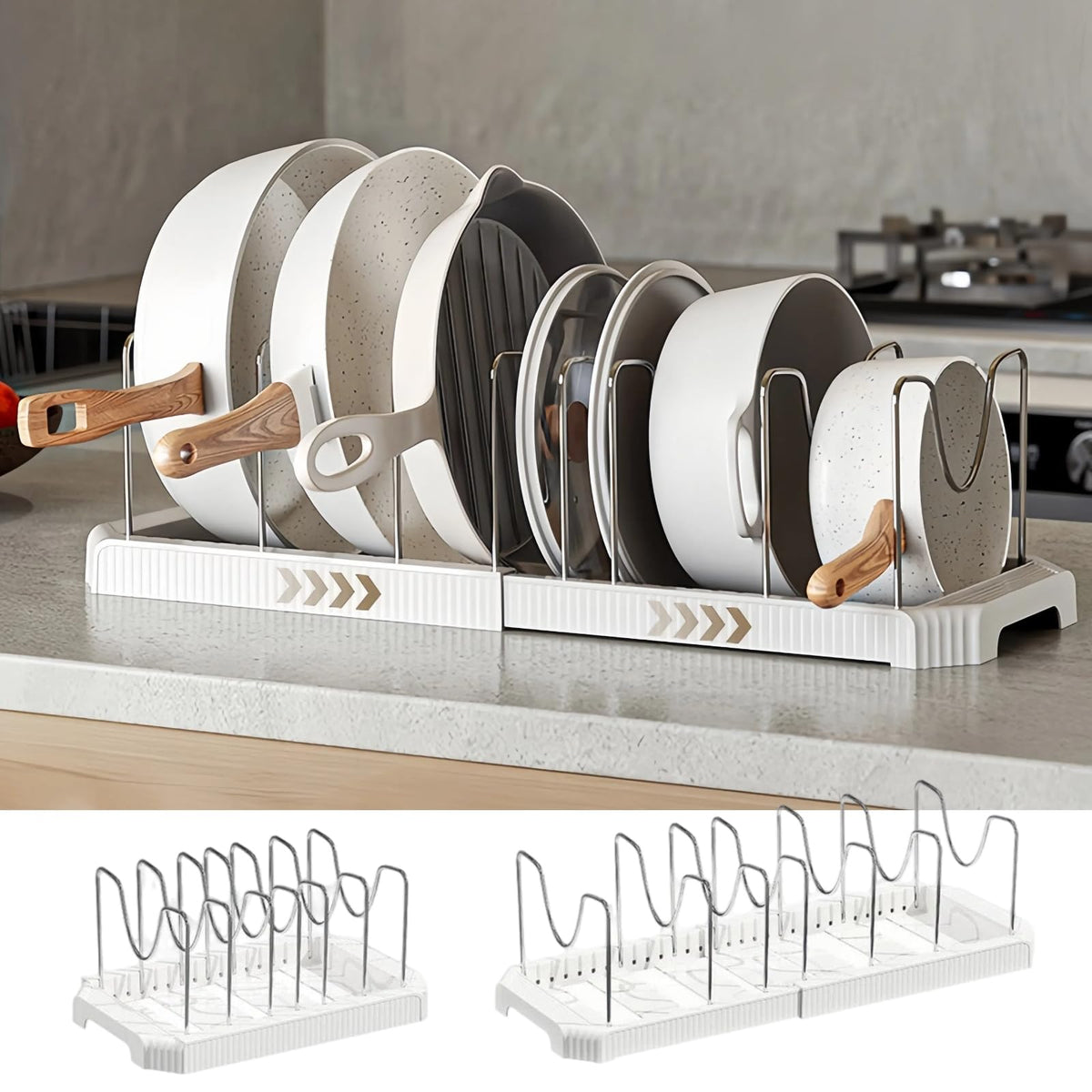 Silanit expandable pot and pan organizer under cabinet, extended for full cookware storage.