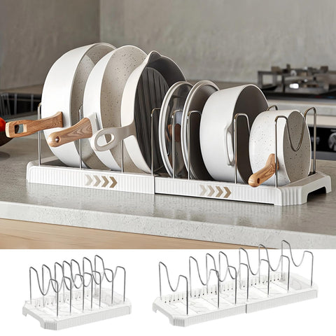 Silanit expandable pot and pan organizer under cabinet, extended for full cookware storage.