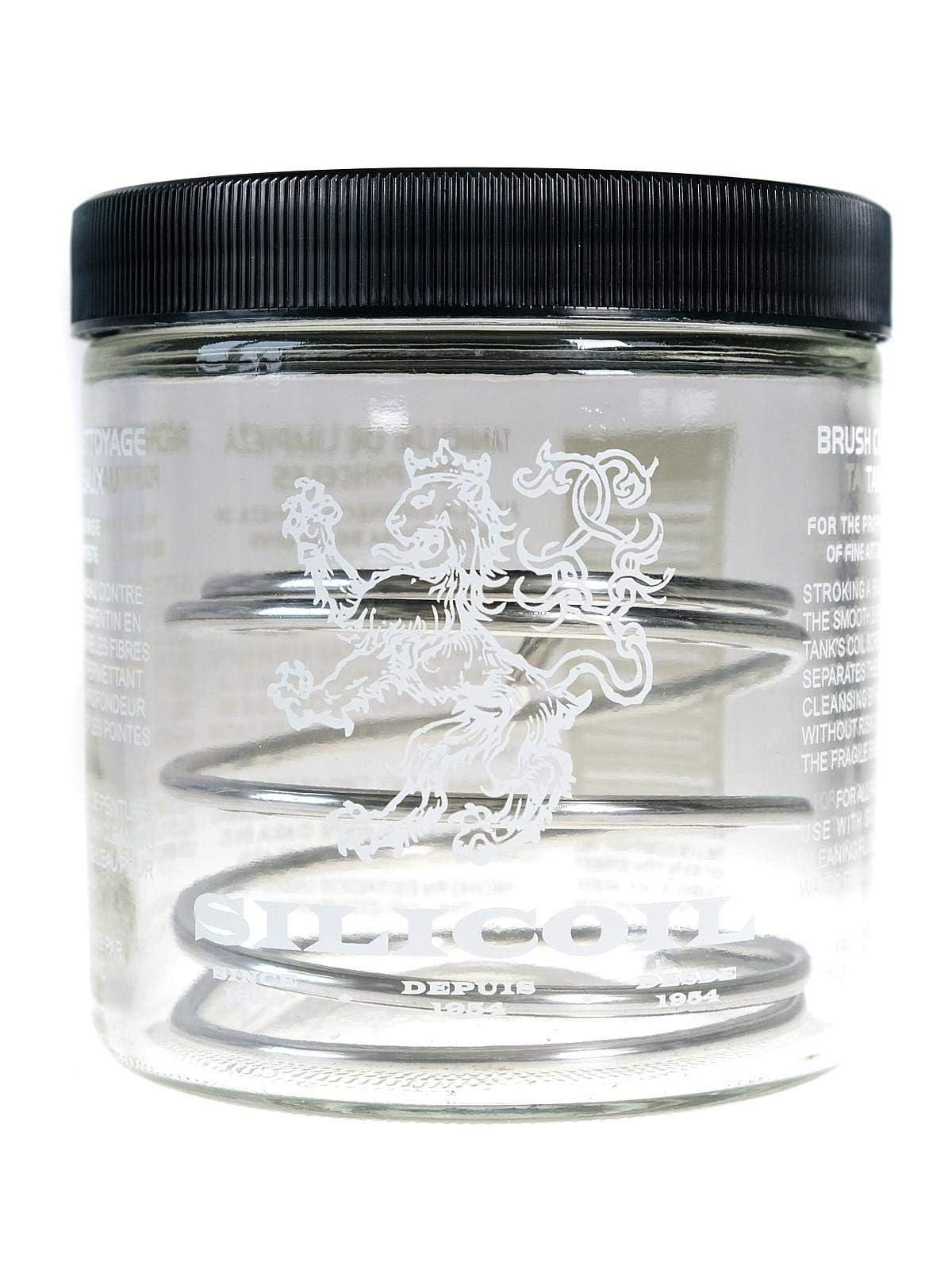 Silicoil Glass Tank Jar supports water or solvents for brushes