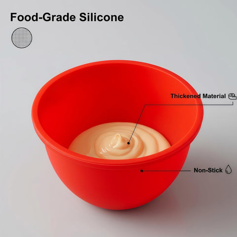 Red silicone bowl liner for tilt-head 5 qt mixer with pour spout and lid.