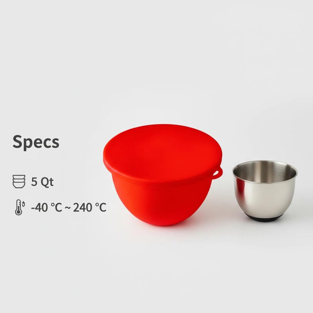 Silicone kitchen bowl liner with lid and pour spout for easy use.