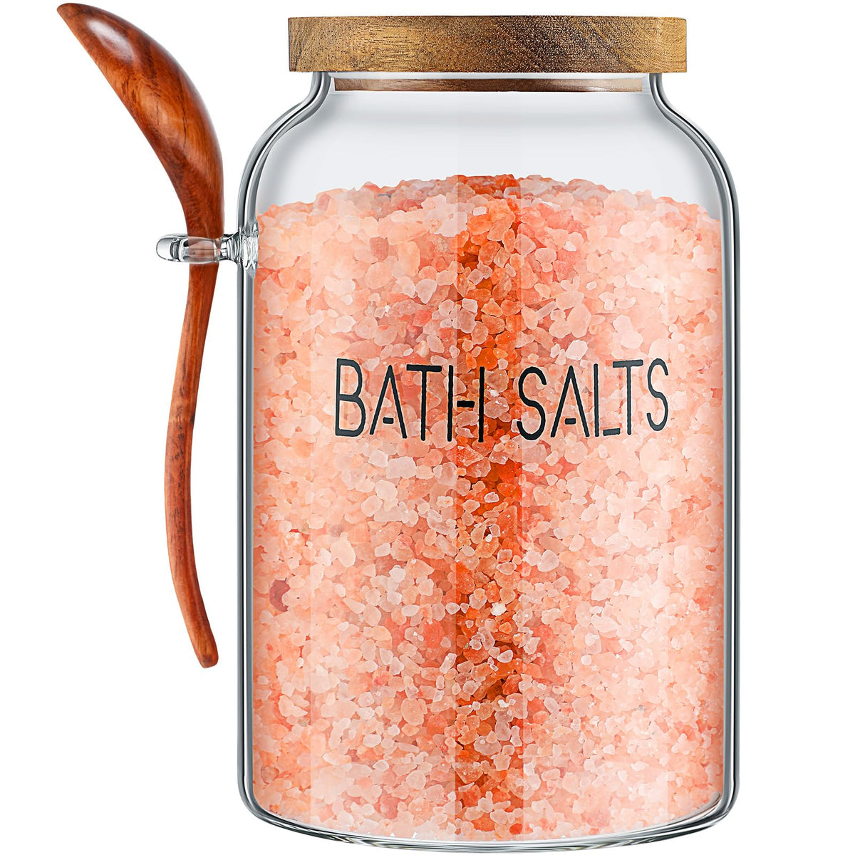 SiliFine 94 oz glass bath salt jar with wooden lid, airtight for long freshness.