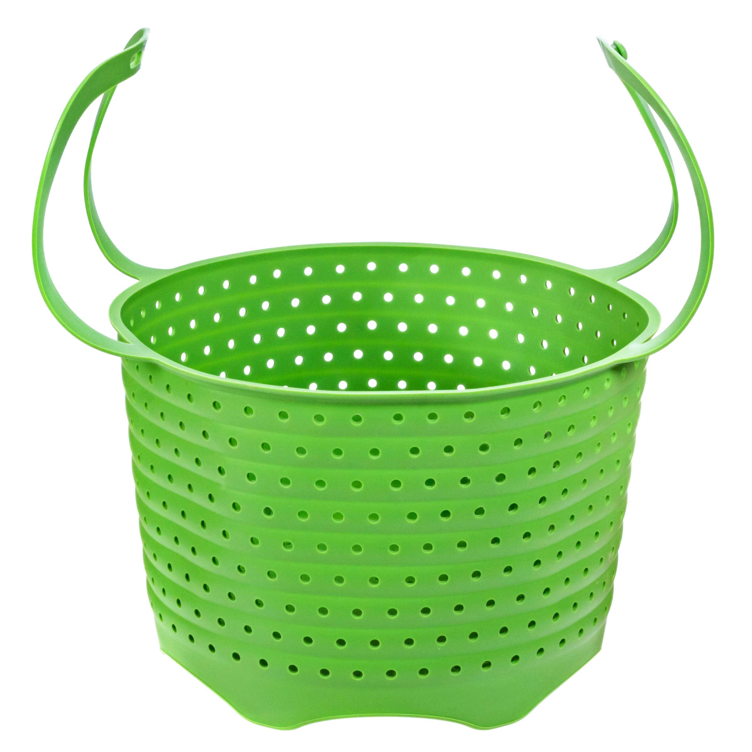Silikong silicone steamer basket folded for compact storage in a tidy kitchen.