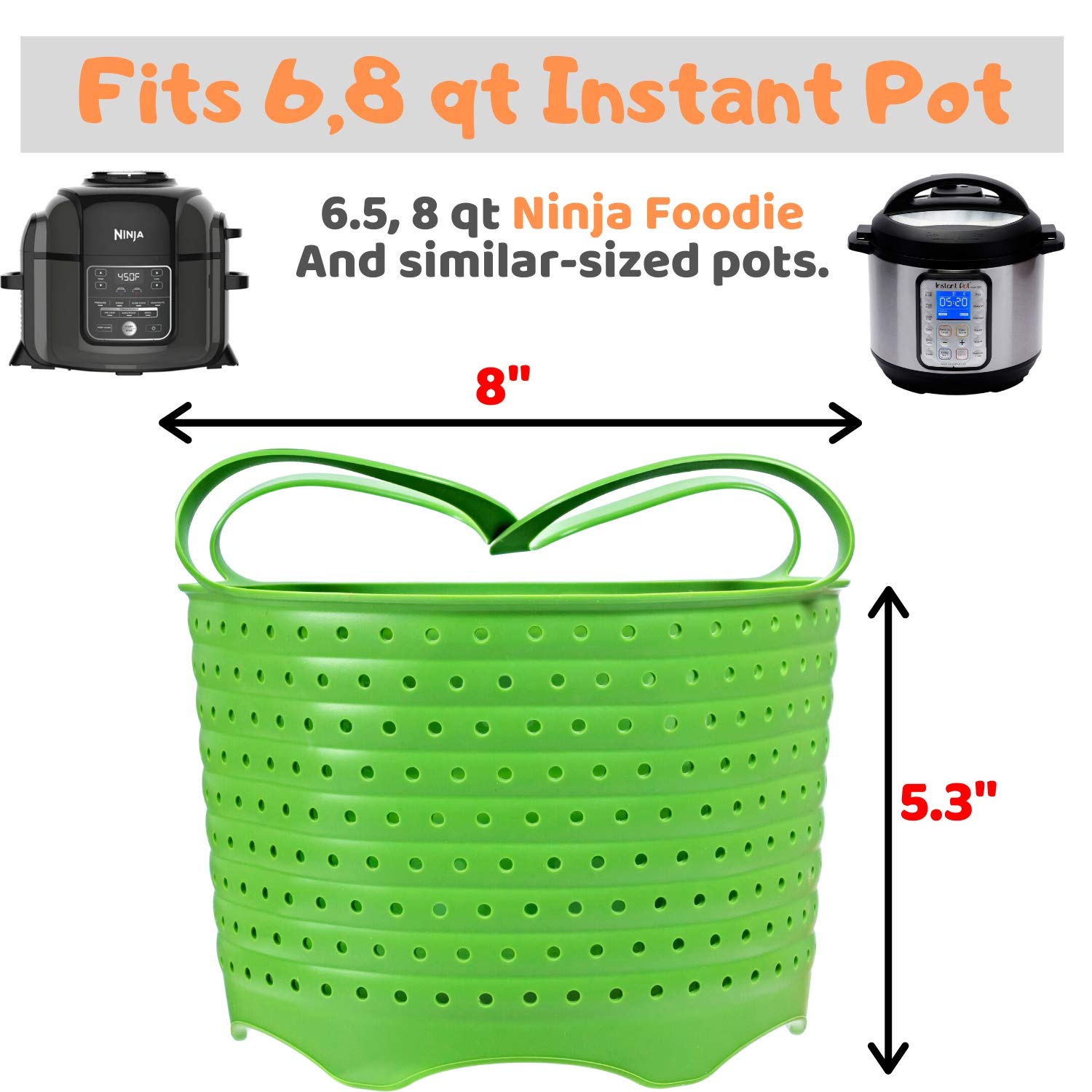 Silikong steamer basket fits 6-8 qt pots including Instant Pot models.