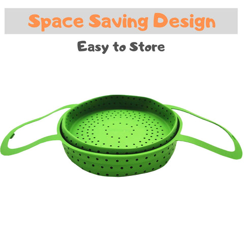 Silikong steamer basket showing interlocking handles for easy lifting from pots.
