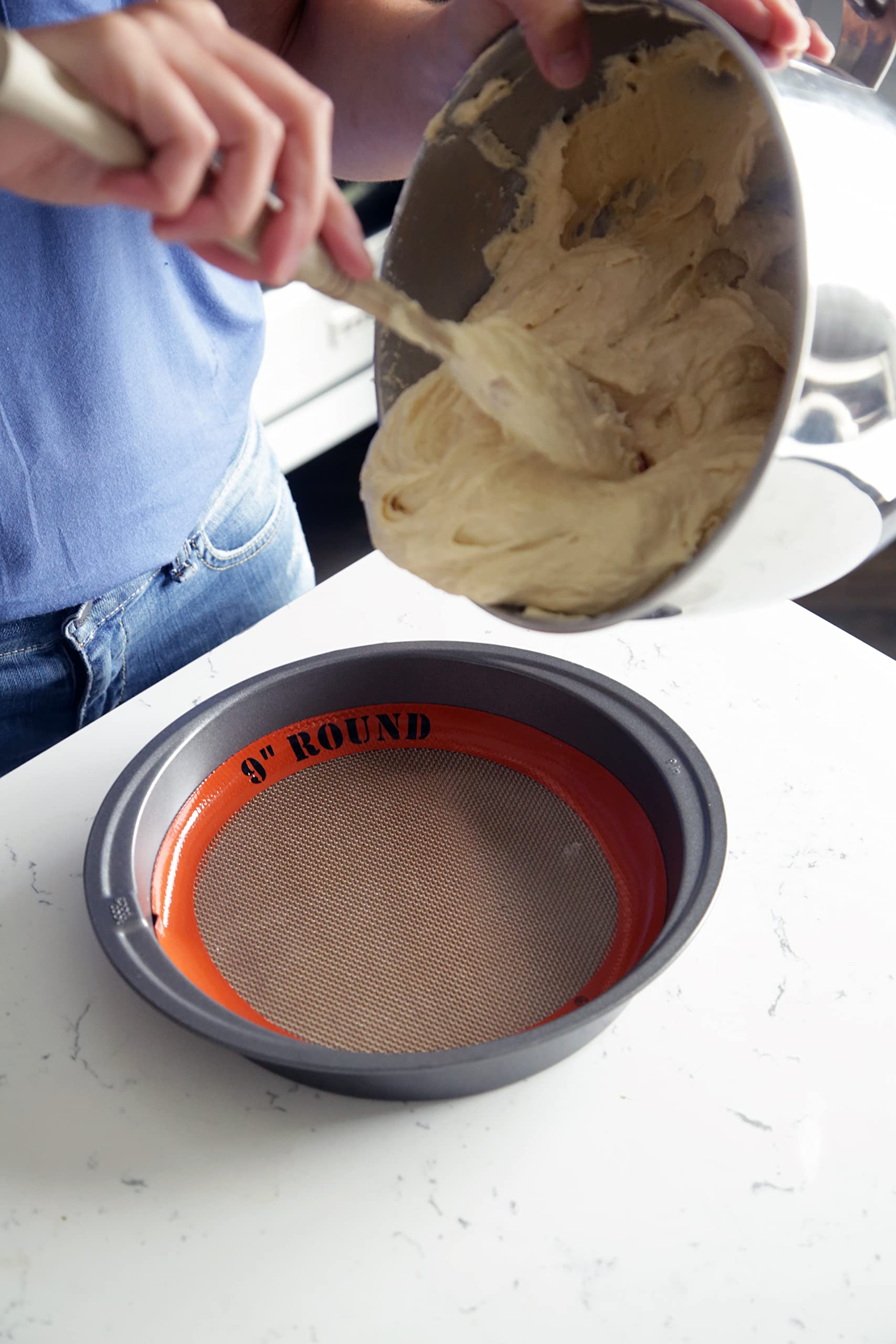 Silpat round mat showing easy release from non-stick surface.