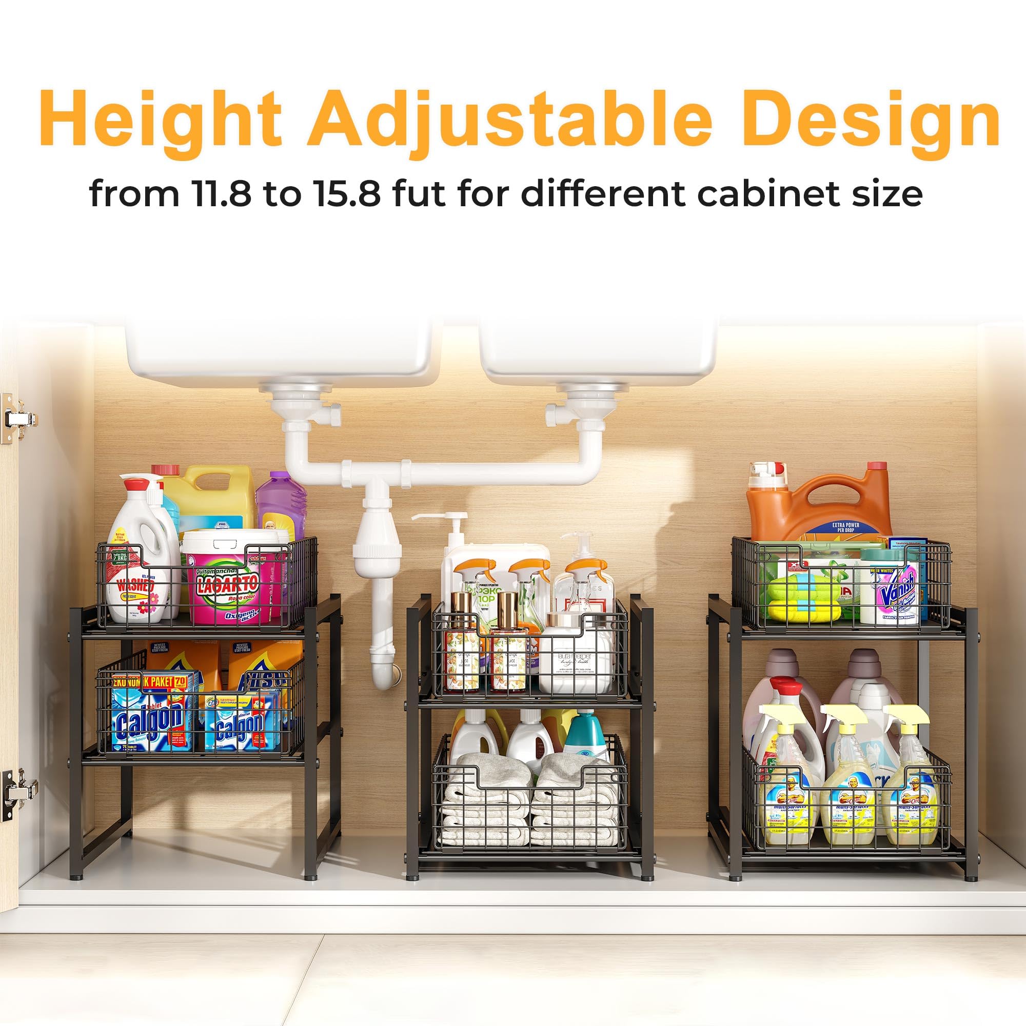 SILUB large pull-out organizer accommodates cleaning supplies and pantry items.
