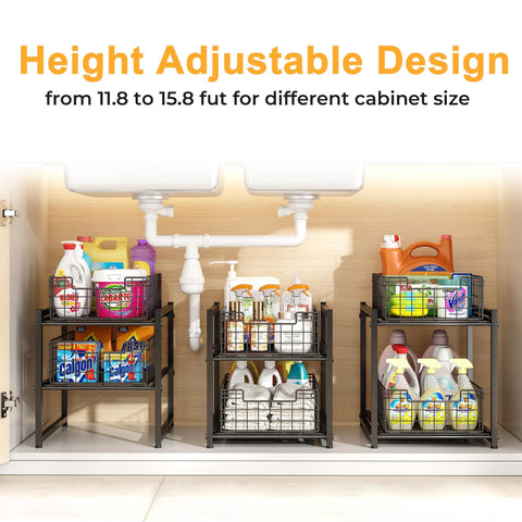 SILUB large pull-out organizer accommodates cleaning supplies and pantry items.