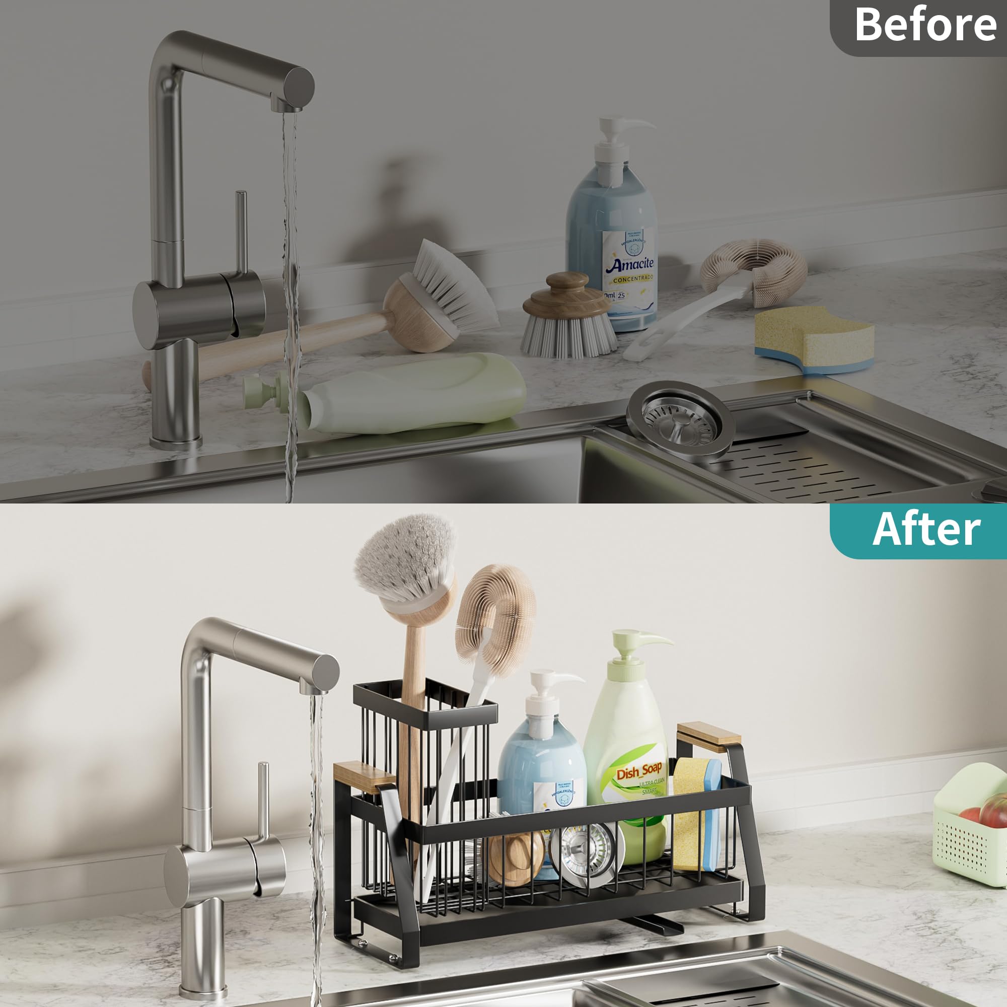 SILUB two-tier drainage design separates tall brushes from sponges for quick access.