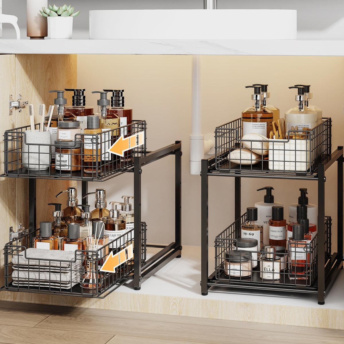 SILUB under-sink organizer with two-tier drawers keeps cleaning supplies neatly organized.