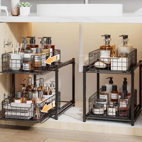SILUB under-sink organizer with two-tier drawers keeps cleaning supplies neatly organized.