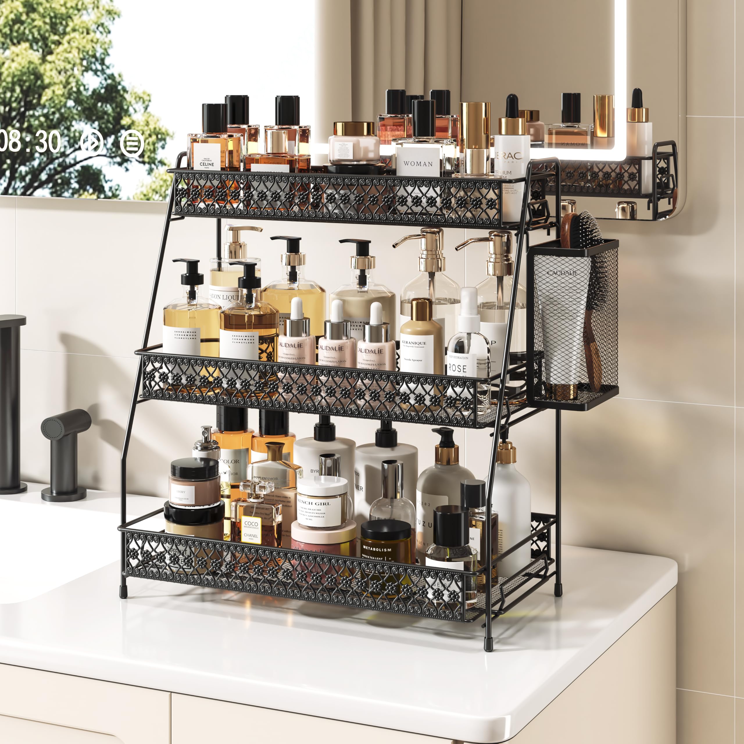 SILUB Vintage 3-Tier organizer on bathroom counter stores daily essentials in one compact unit.