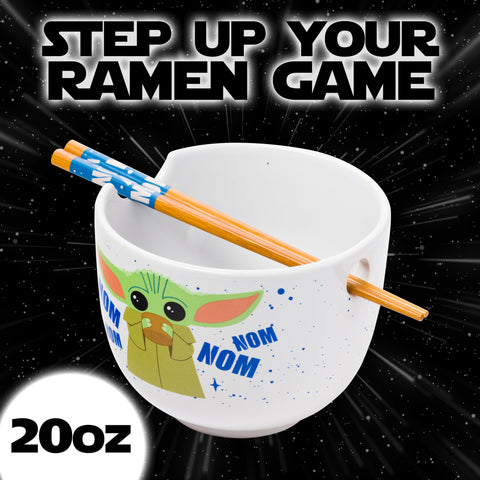 Silver Buffalo Baby Yoda chopsticks paired with bowl for convenient meals.