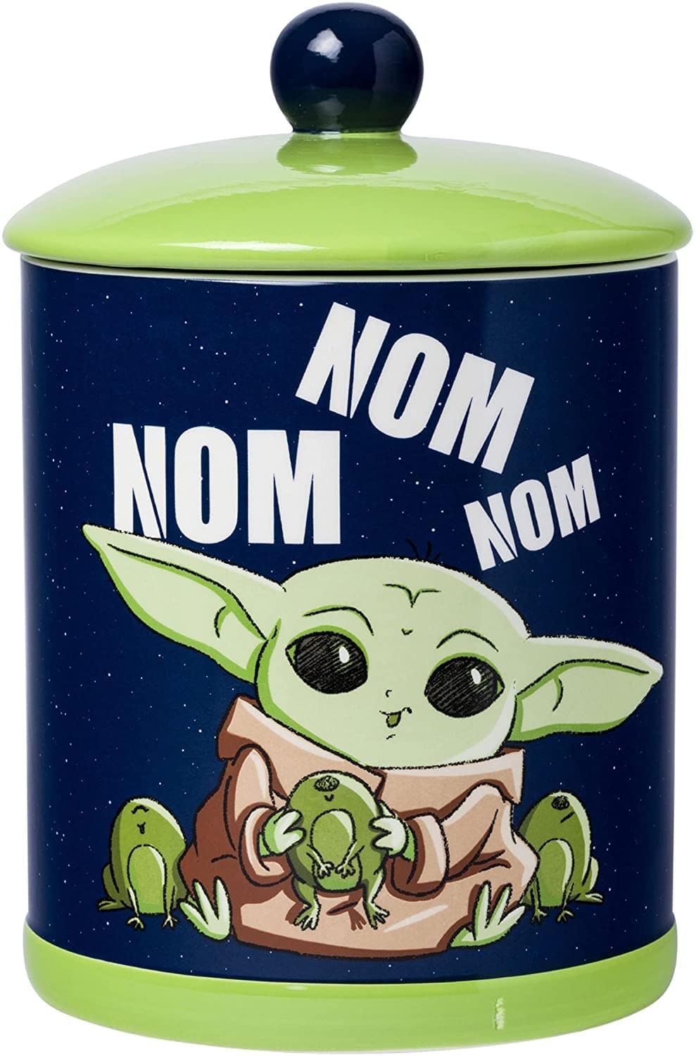 Silver Buffalo Baby Yoda Nom Nom cookie jar with Grogu design for cookies on display at home.