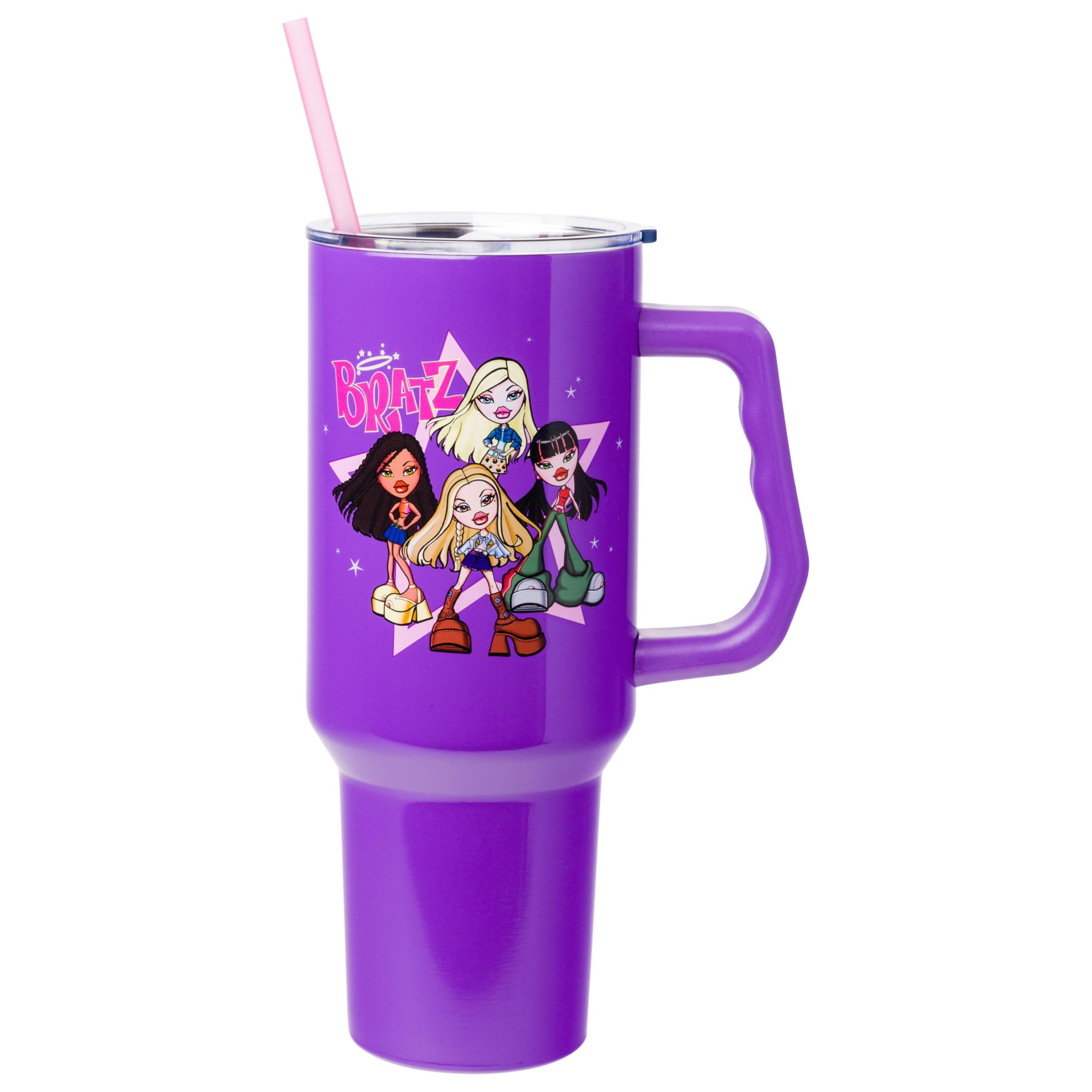 Silver Buffalo Bratz tumbler with core group image, ideal for Bratz fans on the go.