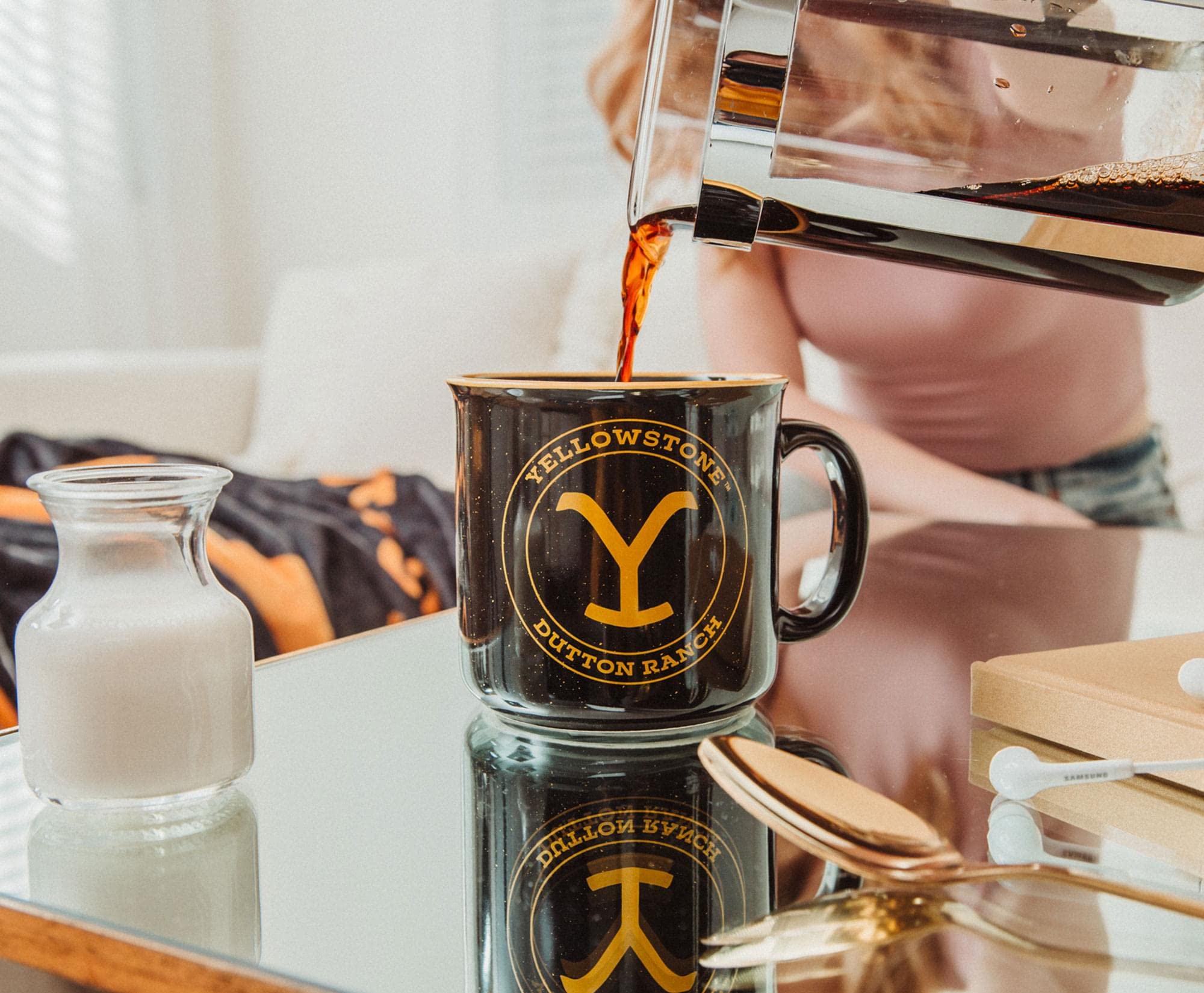Silver Buffalo mug handle closeup emphasizes sturdy ceramic design.
