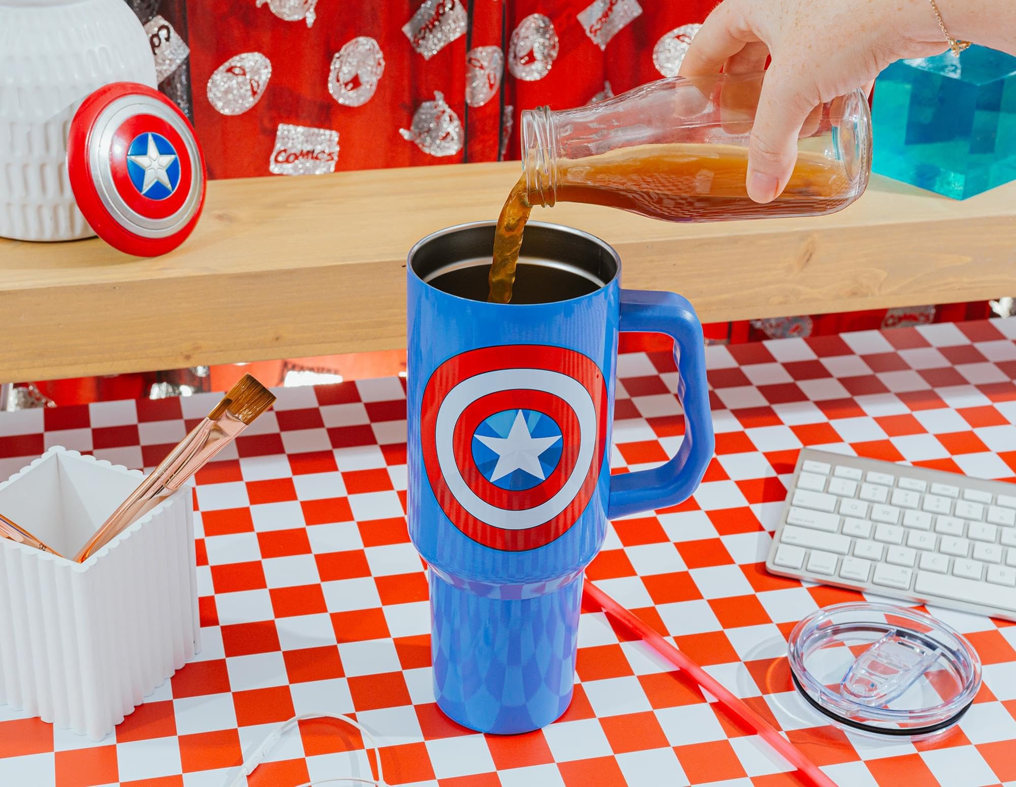 Silver Buffalo Captain America shield tumbler, hand wash only reminder for care.