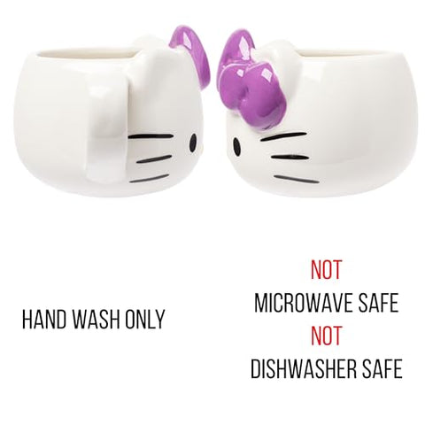 Silver Buffalo Hello Kitty ceramic mug shows BPA-free construction and hand wash only.