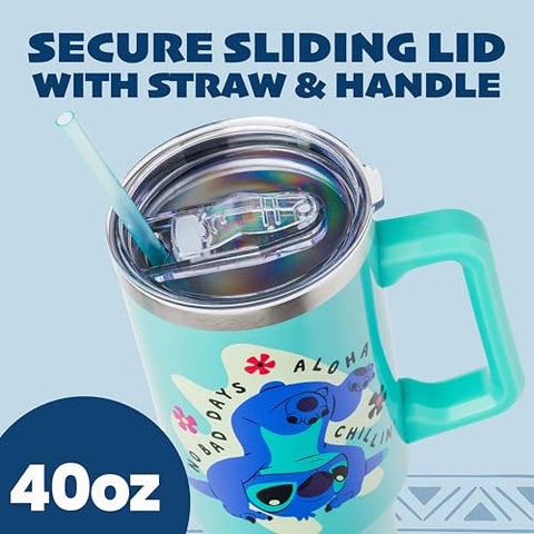 Silver Buffalo Chillin' Stitch design tumbler ideal for travel and errands.