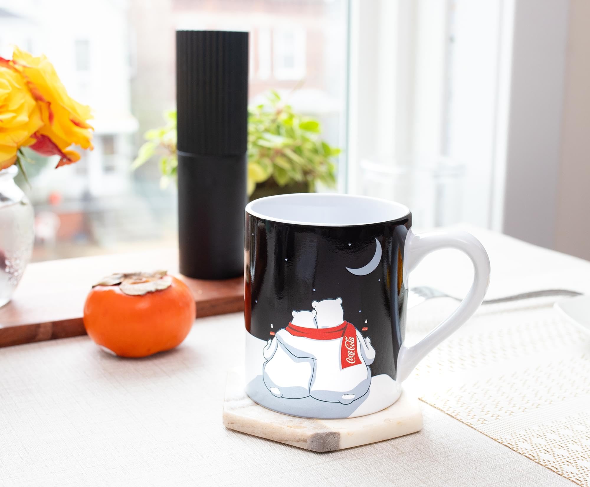 Silver Buffalo Coca-Cola mug steaming cocoa during reveal