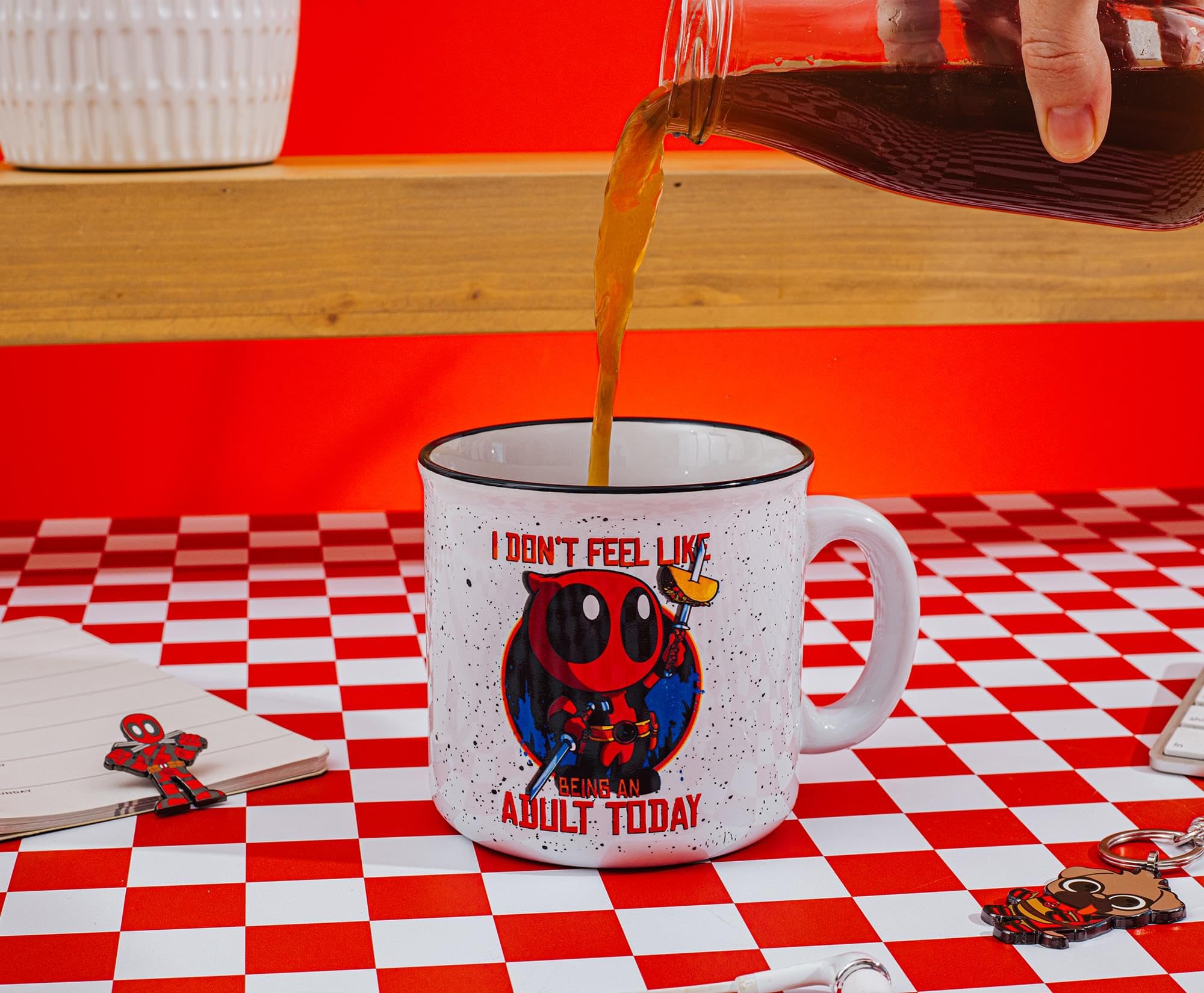 Silver Buffalo Deadpool mug holding coffee, tea, or cocoa.