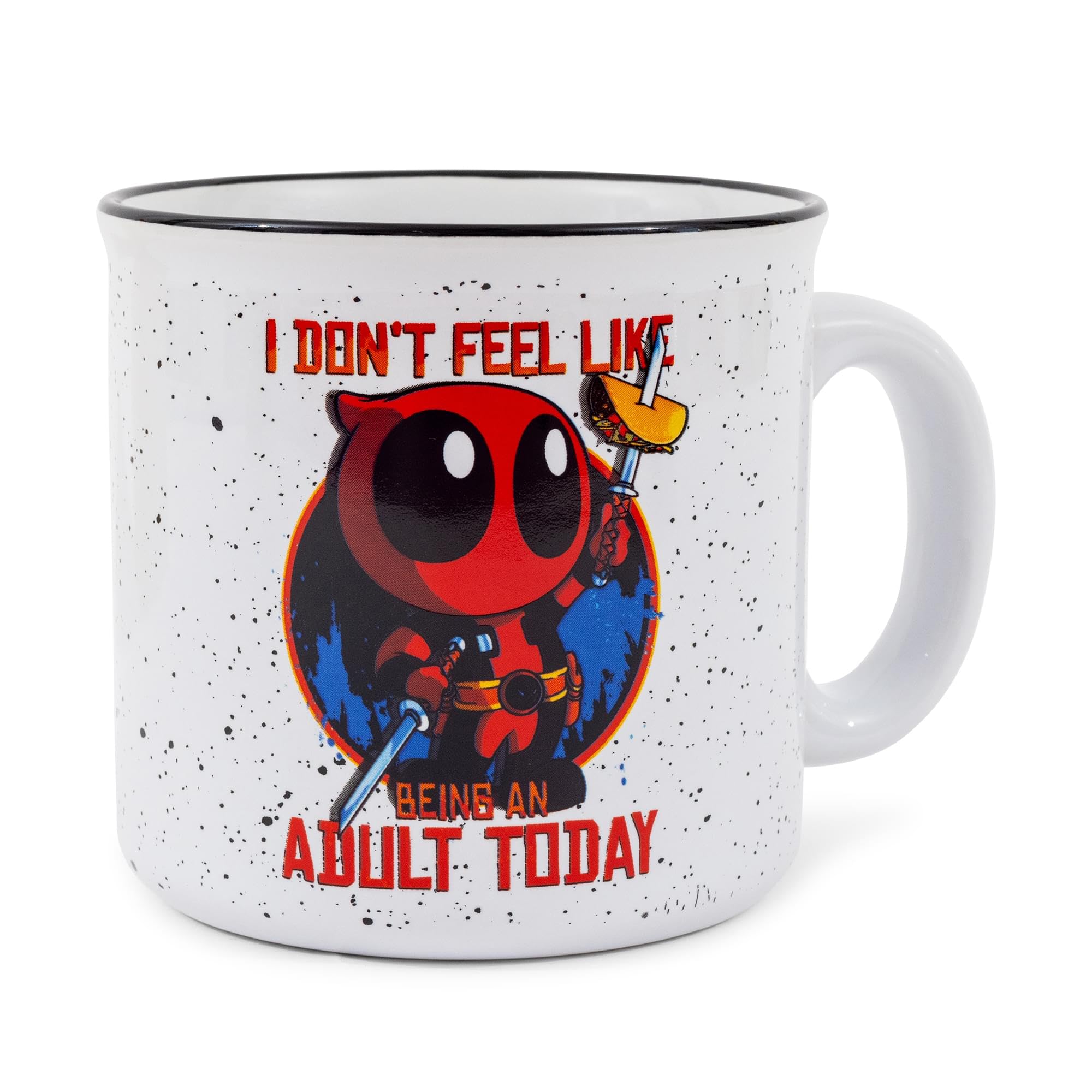 Silver Buffalo Deadpool mug side view with sturdy handle for easy gripping.