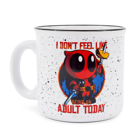 Silver Buffalo Deadpool mug close-up showing the I Don't Feel Like An Adult Today text.