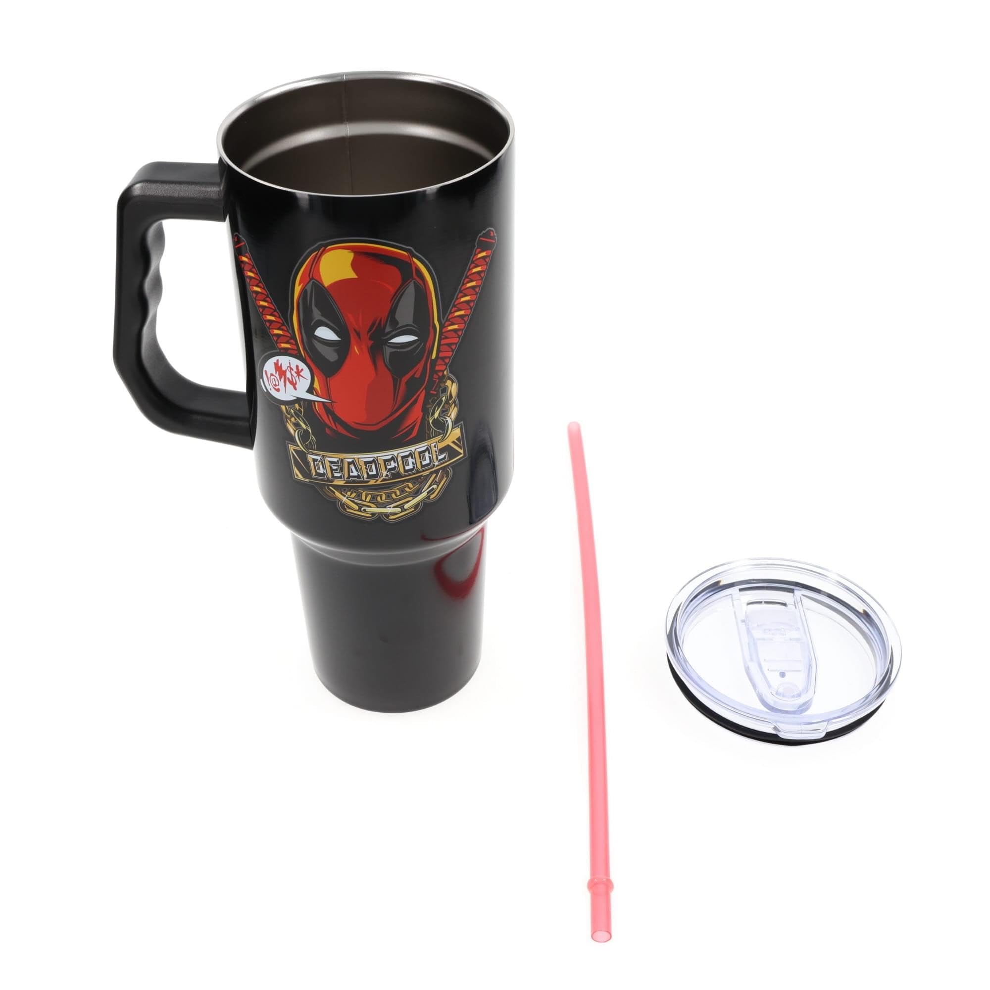 Silver Buffalo Deadpool tumbler 40 ounce capacity for extended outings.