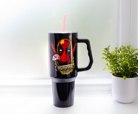 Silver Buffalo Deadpool tumbler censored speech bubble design adds character.