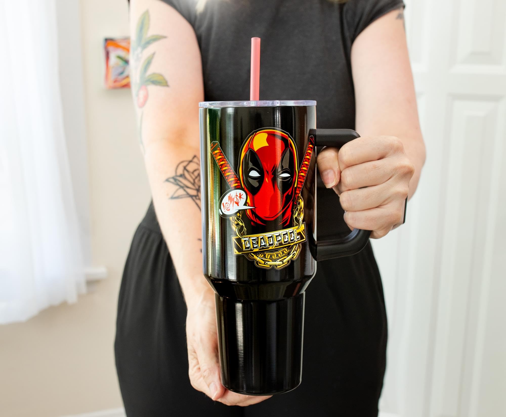 Silver Buffalo Deadpool tumbler makes a thoughtful gift for fans.