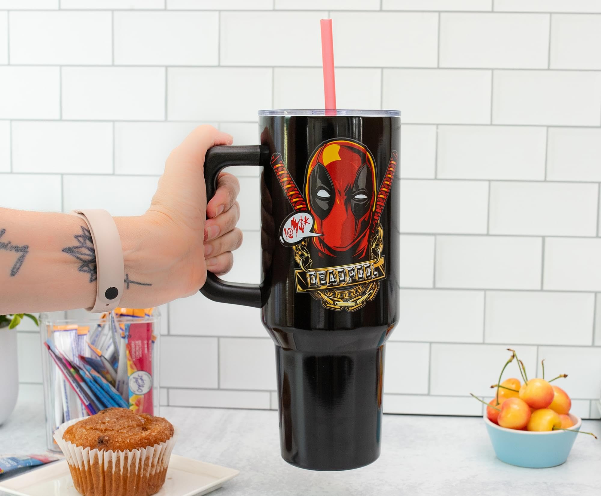 Silver Buffalo Deadpool tumbler matte black finish highlights vibrant artwork.