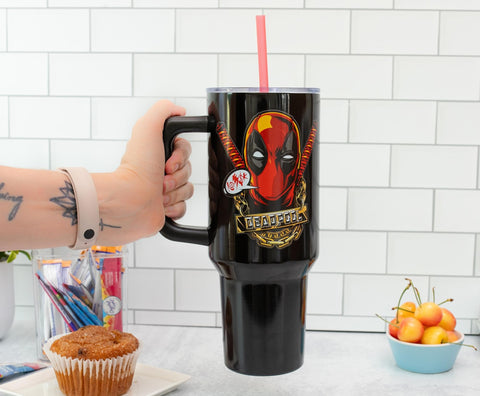 Silver Buffalo Deadpool tumbler matte black finish highlights vibrant artwork.