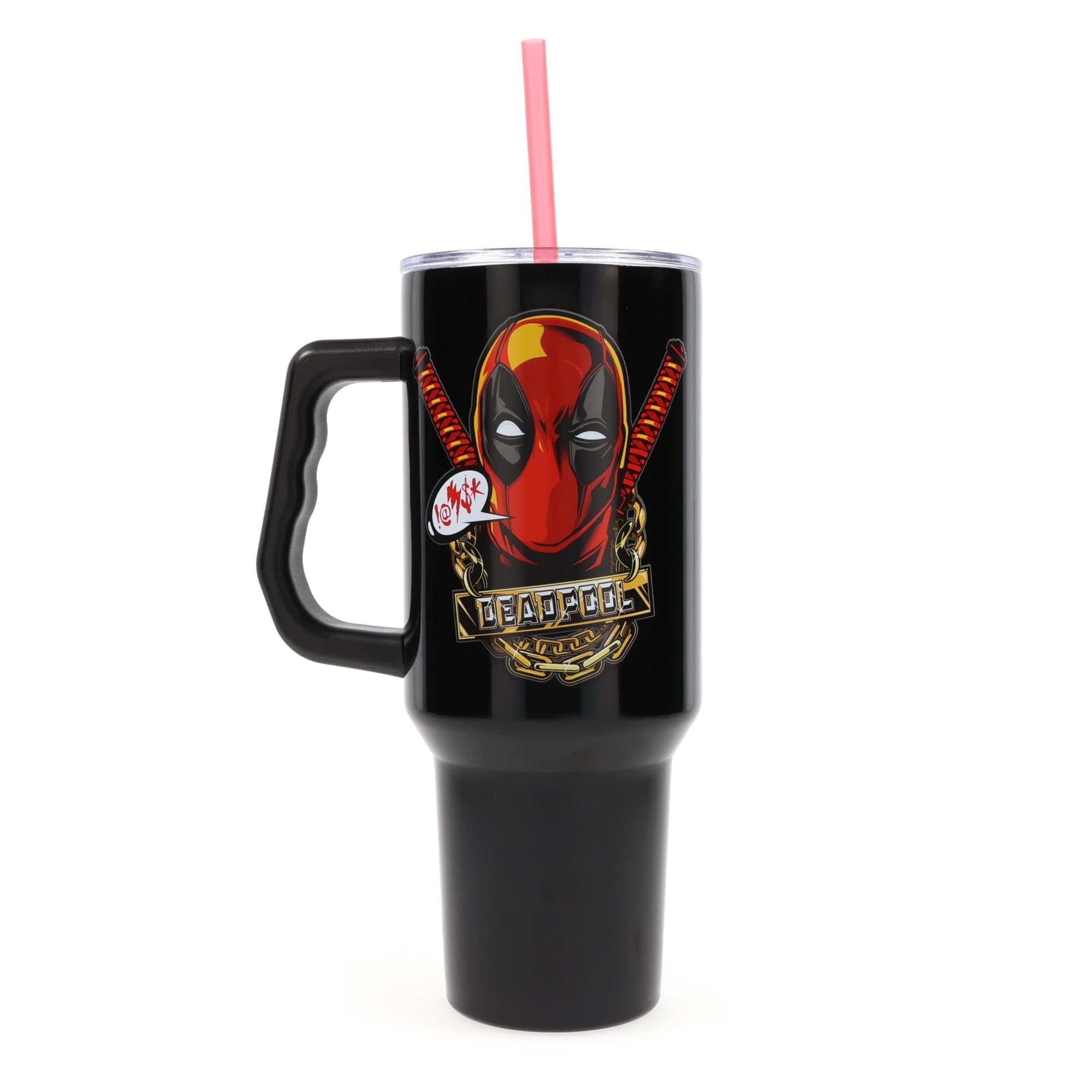 Silver Buffalo Deadpool tumbler stainless steel body shows durable, long lasting performance.