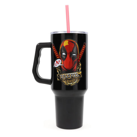 Silver Buffalo Deadpool tumbler stainless steel body shows durable, long lasting performance.